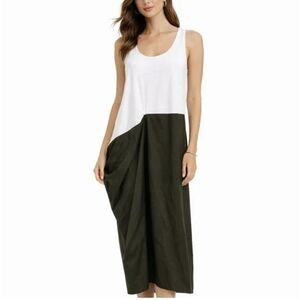 ZARA Poplin Midi Tank Dress, Asymetrical Contrast Hem,Green & White Size L -